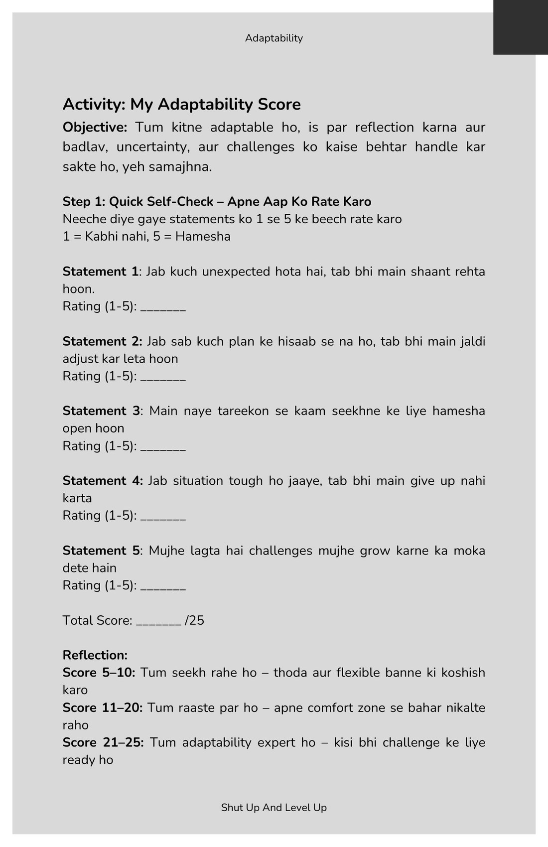 A page from the book: an activity on adaptability